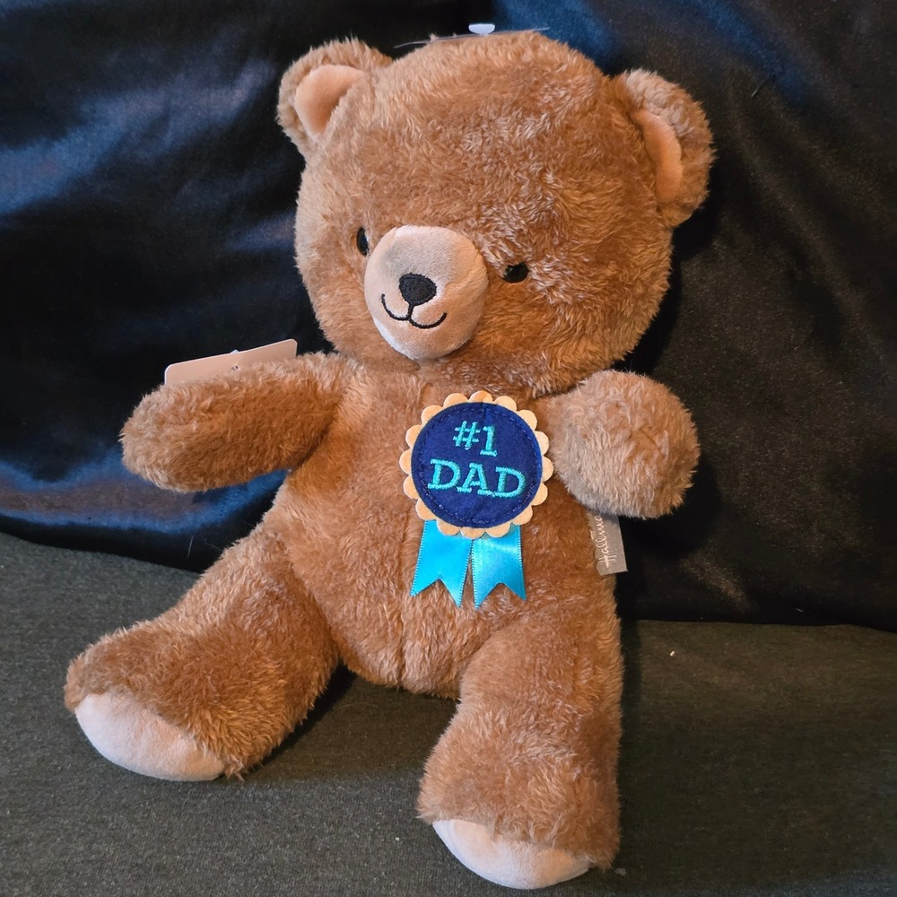 Hallmark Stuffed Animal 9in Teddy Bear Mens Brown #1 Dad Blue Ribbon Award NWT